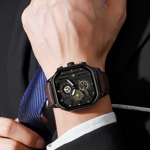 

men watch watches luxury designer waterproof quartz-battery square casual timer business 43mm watch, Slivery;brown