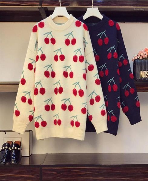 

women039s sweaters autumn winter casual retro sweater oneck pullover long sleeve korean loose cherry knitted woman clothing 203883920, White;black