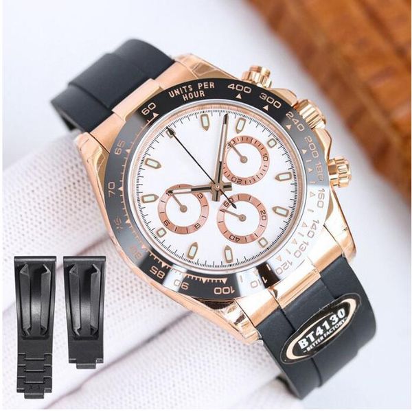 

clean watch 4130 automatic men watches 40mm rubber strap meteorite dial yellow gold mens watch screw-down back crown push buttons triplock t, Slivery;brown