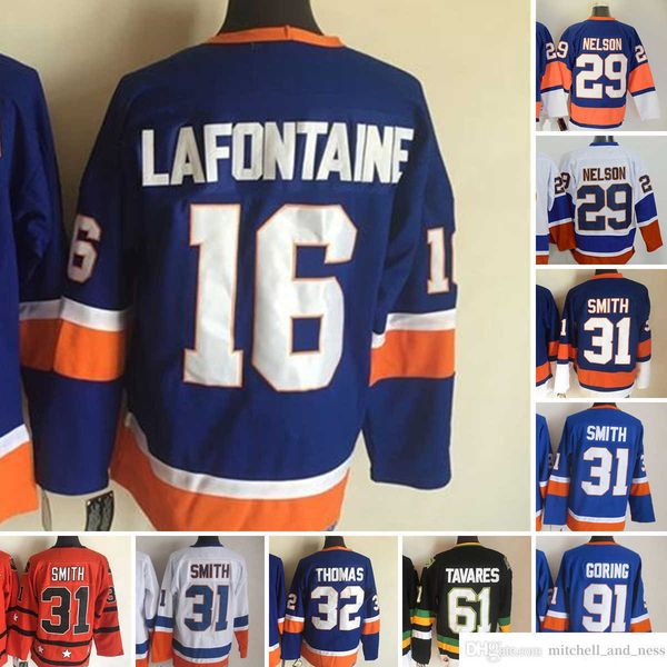 

1980 movie vintage hockey 31 billy smith jerseys ccm embroidery 29 brock nelson 32 steve thomas 91 john tavares 16 pat lafontaine jersey blu, Black;red