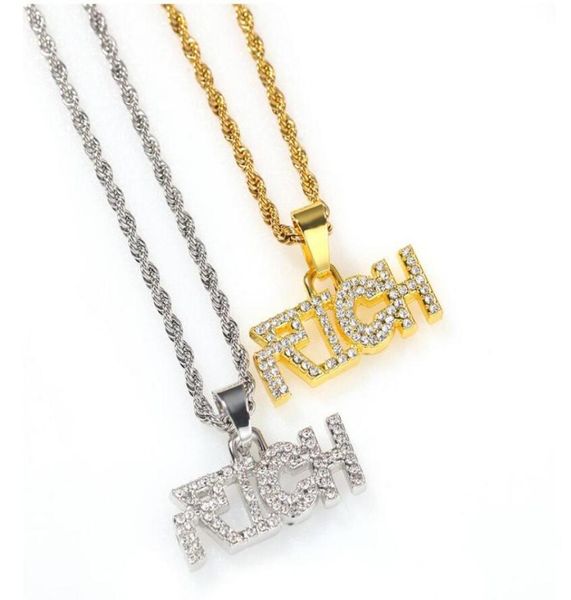 

hip hop lettter rich pendant necklaces for men womenluxury necklace jewelry gold plated copper zircons cuban chain7425307, Silver