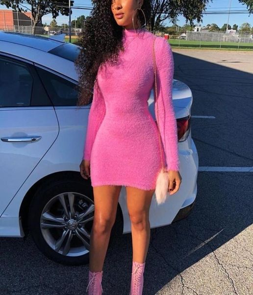 

anjamanor pink long sleeve mini bodycon sweater dress winter pink fluffy cute party club wear casual vestidos d77i80 y203949665, Black;pink
