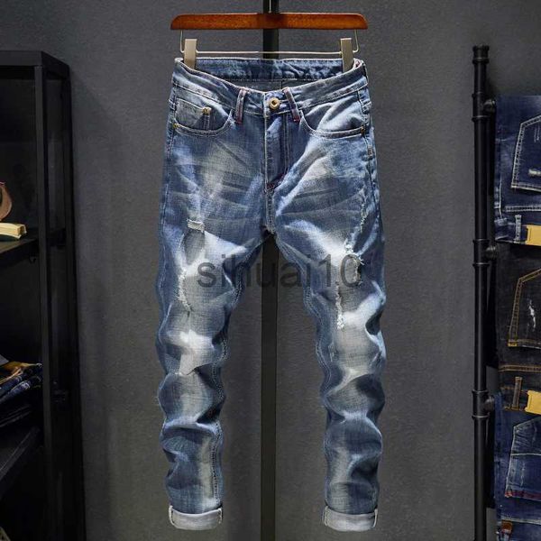 

men's jeans ripped jeans men slim fit light blue stretch fashion streetwear frayed hip hop distressed casual denim jeans pants male tro