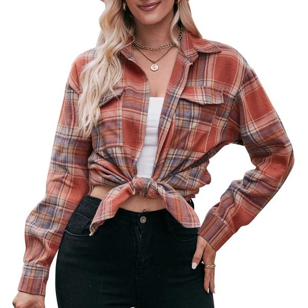 

womens long sleeved blouse autumn and winter new casual fashion oversize loose plaid shirt, White