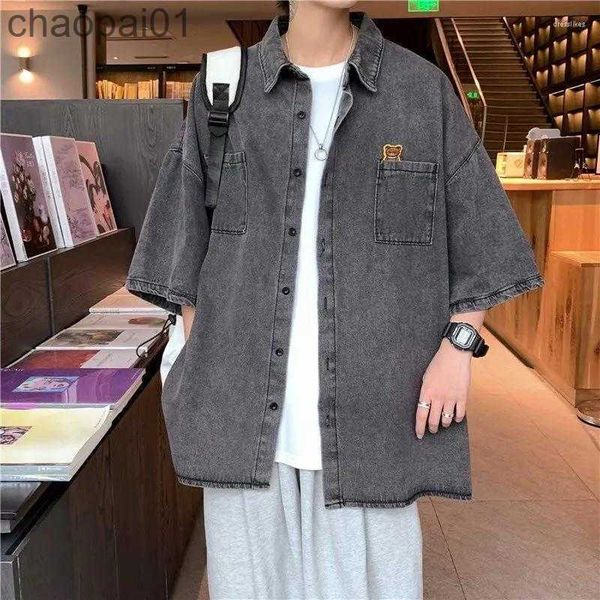 

casual shirts men's summer versatile cool loose tess button t-shirt soft college style letters solid denim short sleeve pocket bear, White;black