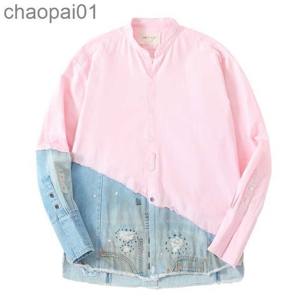 

down high street shirts 1 quality vintage washed patchwork denim jacket streetwear coat men and women clothing, White;black