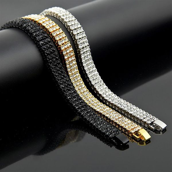 

three rows shiny crystal rhinestones miami cuban link chain bracelets hip hop bling hip-hop men women wristbands chains bangle231j, Black