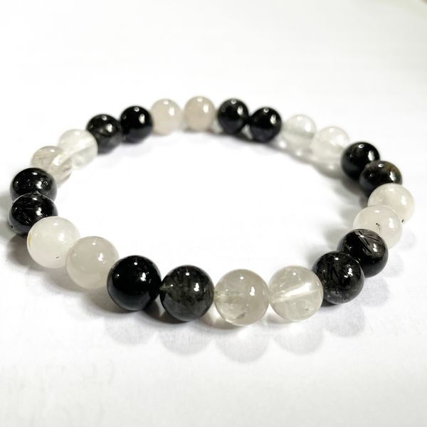 

mg1948 new desgin 8 mm clear dark rutilated quartz mix bracelet womens natural gemstone yinyang chakra wrist jewelry, Black