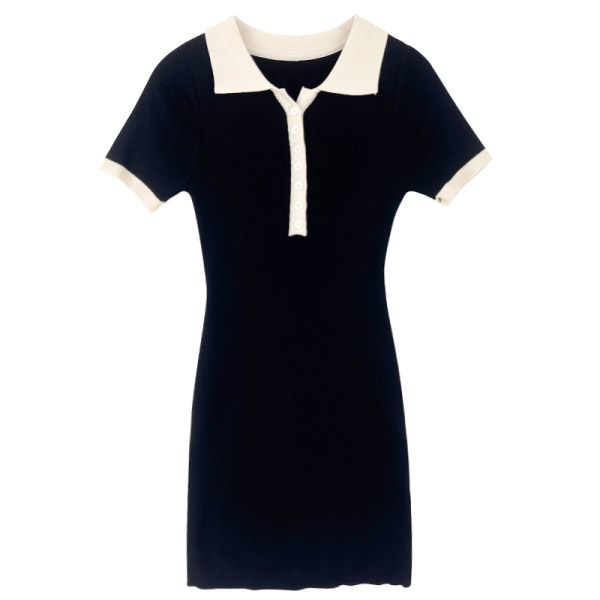 

casual dresses collar dress female summer colorblock midi dress, Black;gray