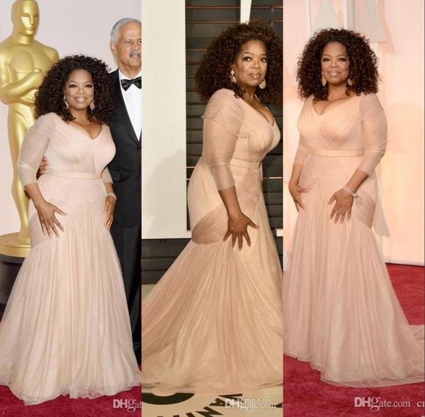 

oprah winfrey oscar celebrity blush pink mother of the bride dresses v neck tulle long sleeves draped sweep train party formal eve8503789, Black;red