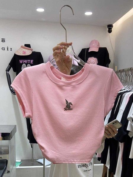 

korea dongmen 2023 summer new fit rabbit diamond american slim short sleeve 7, White