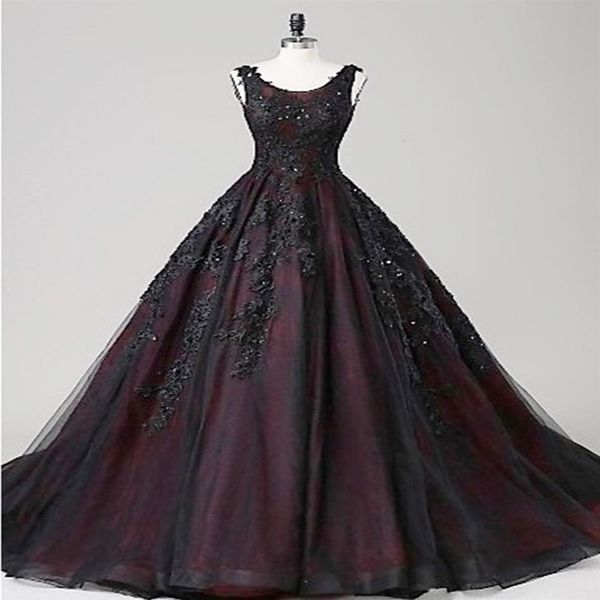 

2021 black and red gothic wedding dresses ball gown scoop beaded lace tulle corset back princess non white bridal gowns custom mad2622