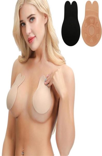 

new lady push up bra strapless invisible intimates accessories self adhesive silicone nipple cover stickers rabbit ear chestlifti4402714, Black;white
