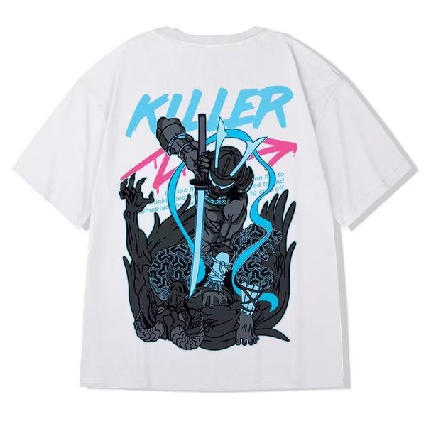 

2023 street trend short-sleeved t-shirt men's tide cartoon printing loose large size couple hip-hop five-minute sleeve, White;black