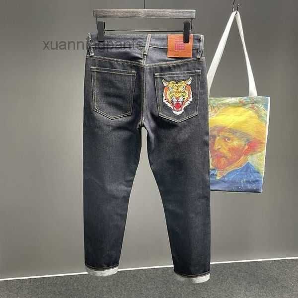 

men's jeans straight pants skeleton embroidery mopping streetwear denim clothing men baggy 27us, Blue