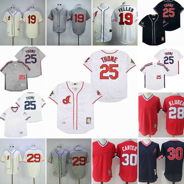 

vintage college mitchell and ness baseball 25 jim thome jerseys stitched 19 bob feller 28 corey kluber 30 joe carter jersey breathable sport, Black