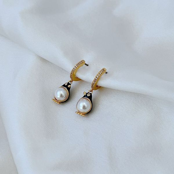

hoop & huggie real 18k gold plated penguin pearl earrings jewelries letter wedding gift factory wholesale with dust bag, Golden;silver