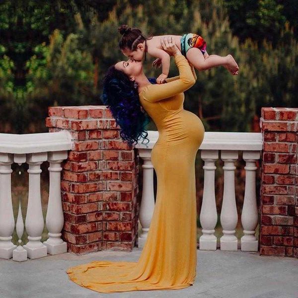 

maternity intimates dresses maternity cotton trailing dress long sleeve pregnant women maxi gown pregnancy baby show pshoot z230802, White