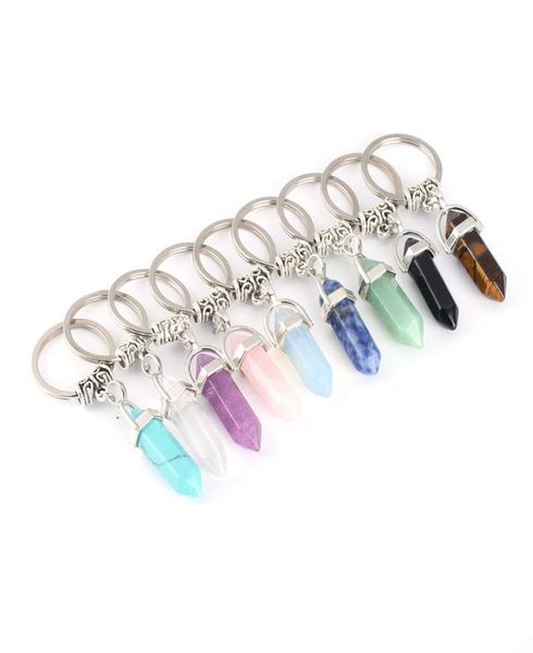 

natural stone hexagonal prism keychains silver color healing pink crystal car decor key rings keyholder for women men3971432, Slivery;golden