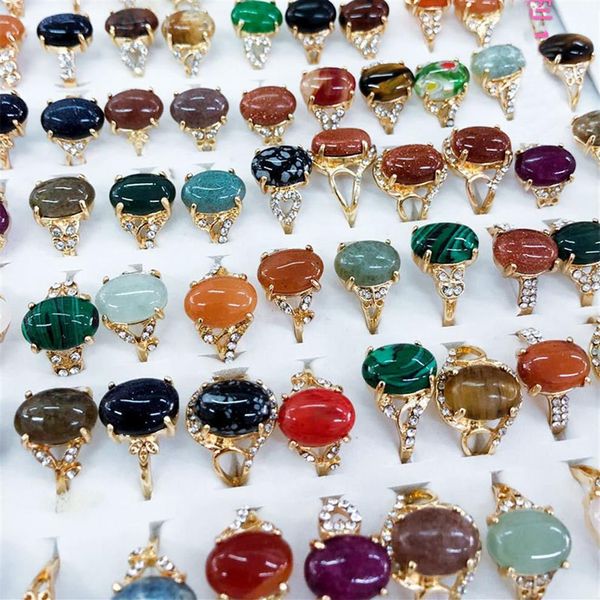 

oval shape natural stone ring 100 pieces lot with jewelry box bulk crystal jewelry whole227f, Golden;silver