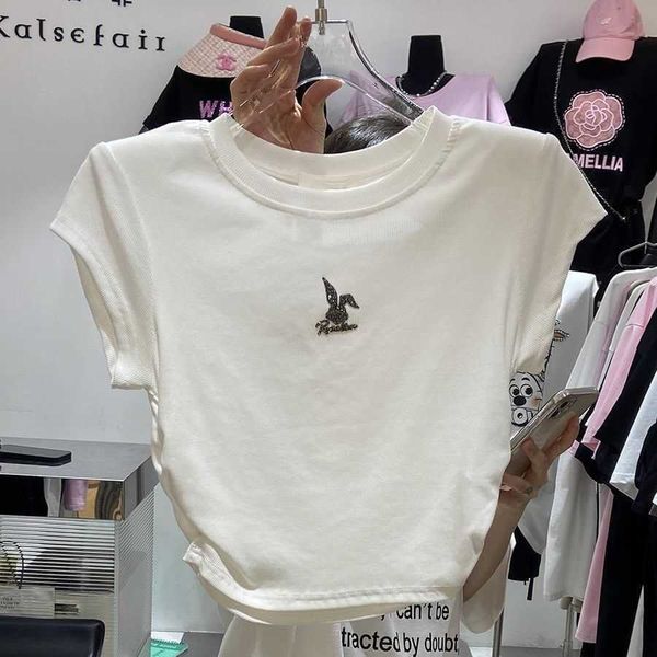 

korea dongmen 2023 summer new fit rabbit diamond american slim short sleeve top, White