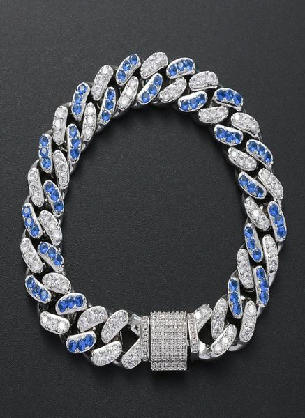 

new fashion charm bling iced out blue crystal cz bracelet silver zircon hiphop jewelry 12mm cuban link chain bracelets for women m5301804, Black