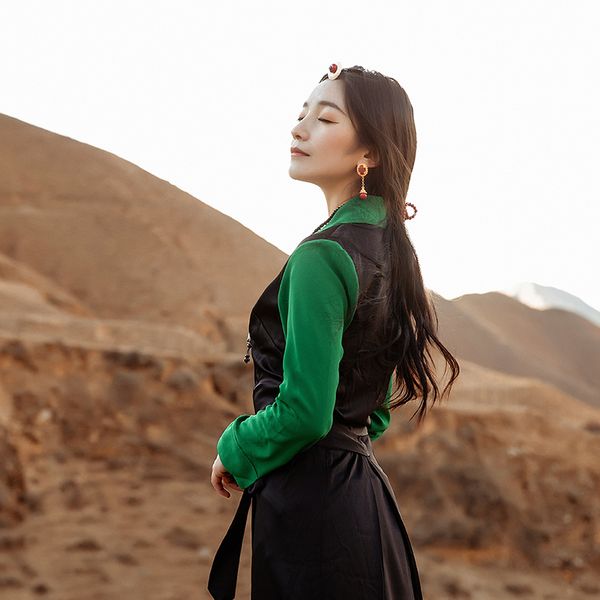 

lhasa vestidos tibetan dress retro long sleeve ethnic robe asian traditional clothing for women tibet clothes oriental dresses, Red