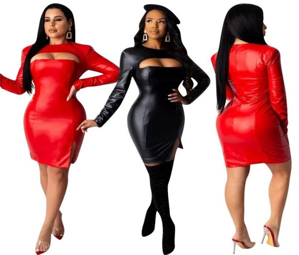 

2020 test pu leather party dress hollow out bust crew neck long sleeves charming clubwear bodycon dresses side spl5880675, White;black