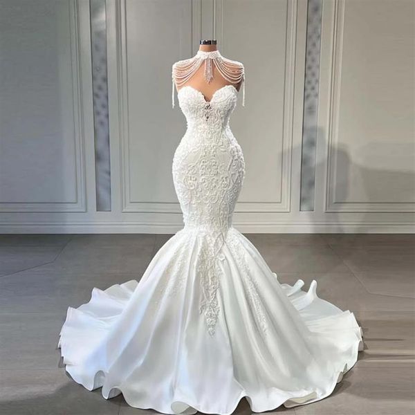 

luxury tassel sequins trumpet wedding gowns vestido de noiva elegant beads satin mermaid bride dresses custom made bridal dress314d, White