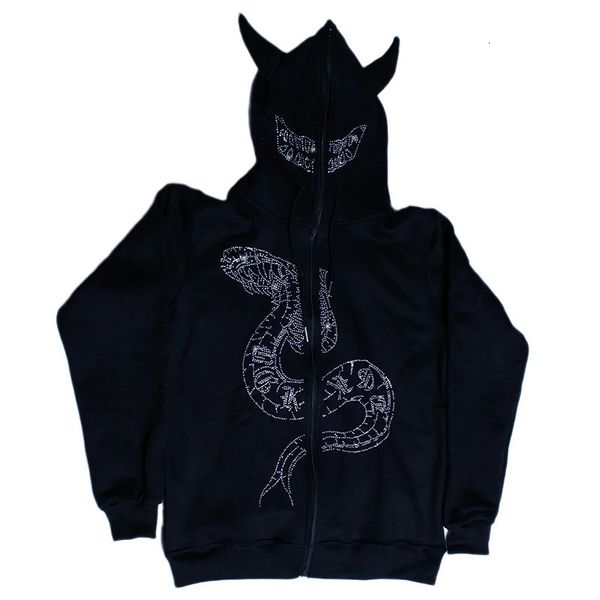 

men's hoodies sweatshirts casual loose jacket diamond longsleeved hooded cardigan unique personality sweater halloween ferocious horn 2, Black