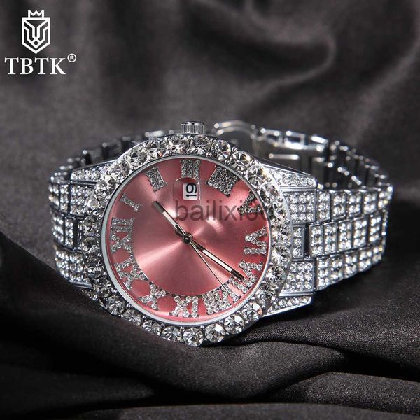 

other watches tbtk men's watch big pink purple blue dial iced out quartz clock luxury rhinestone business waterproof wrist watches j230, Slivery;black