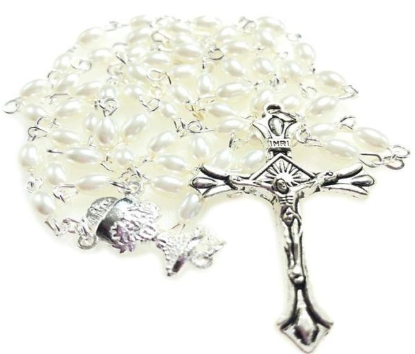 

5pcsset mini white 64mm glass oval pearl bead rosary catholic rosario cute pearl rosary necklace chalice center8796790, Silver