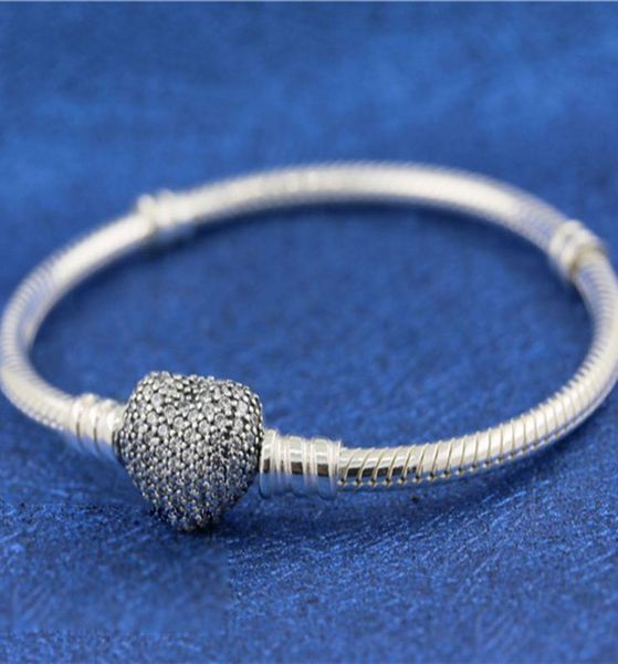 

925 sterling silver moments pave heart clasp chain bracelet fits for european bracelets charms and beads8987044, Golden;silver