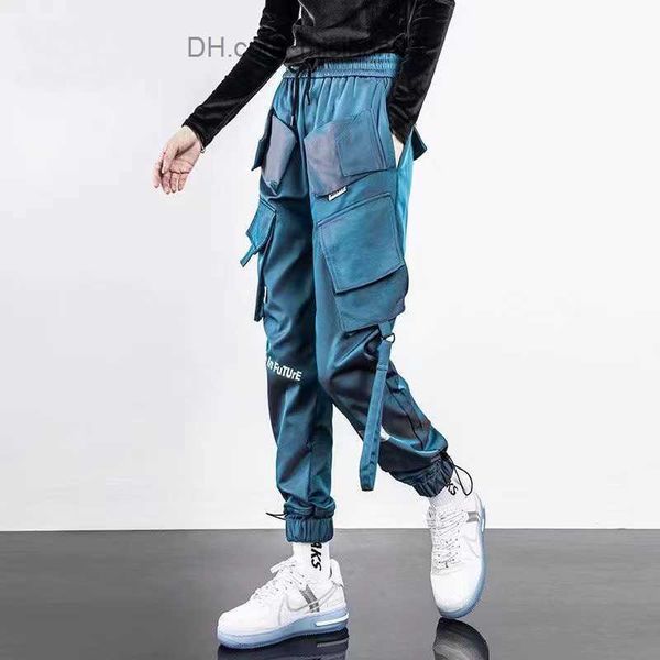

men's pants hip hop jogger men's letter ribbon cargo pants pocket track tactical casual technology men's trousers sports pant, Black