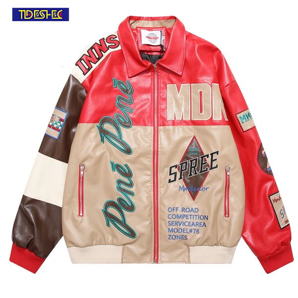

mens jackets zipper hip hop leather clothing coat letter embroidery jacket men vintage loose casual windproof patchwork color 230729, Black;brown