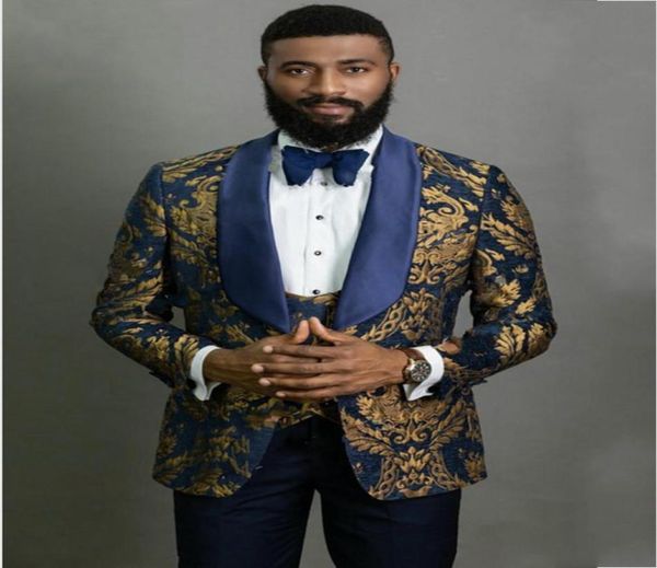 

navy blue with gold pattern groom tuxedos shawl lapel weddingpromdinner classic style men business suits blazer sets jacketpan4379684, Black;gray