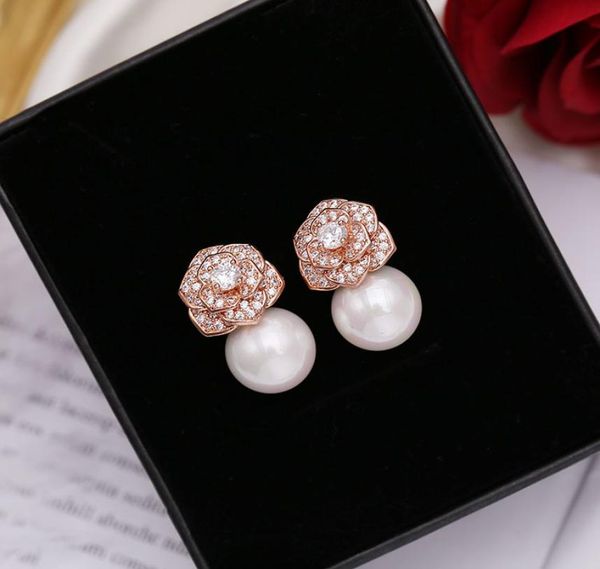 

whole diamond zircon camillia flower pearl stud earrings for woman girls super glittering ins fashion luxury designer 925 sil6130726, Golden;silver
