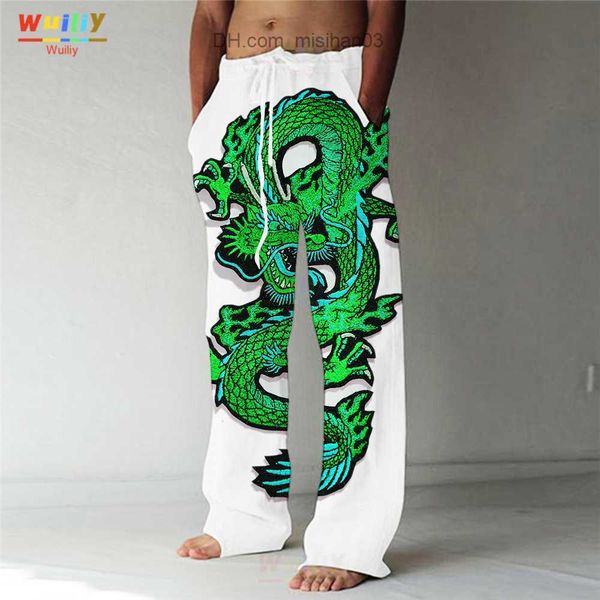 

men's pants men's dragon straight trousers 3d print elastic drawstring design front pocket pants beach animal graphic prints comfo, Black