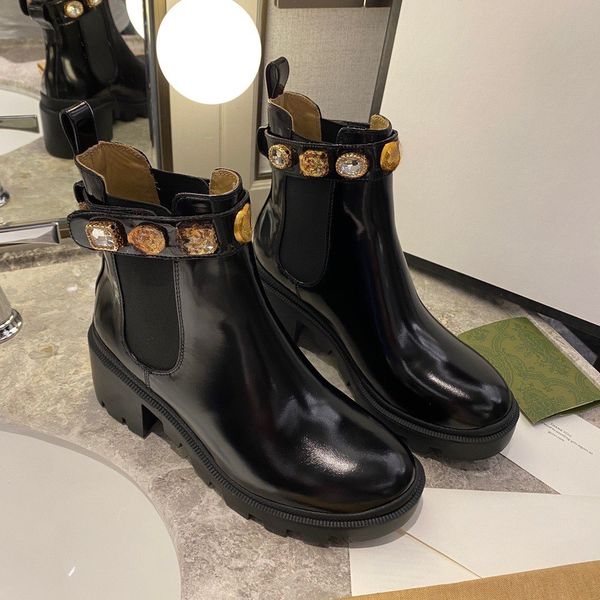 

winter boots short boots 100% cowhide belt buckle metal women shoes classic thick heels leather designer shoe high heeled fashion diamond la, Black