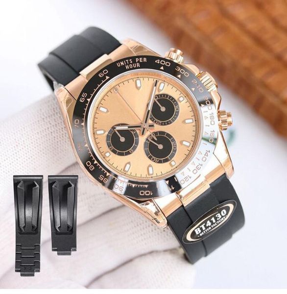 

clean watch 4130 automatic men watches 40mm rubber strap meteorite dial yellow gold mens watch screw-down back crown push buttons triplock t, Slivery;brown