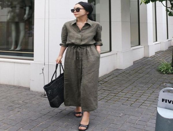 

lanmrem solid color lapel long sleeve drawstring cotton and linen loose woman dress casual fashion 2020 spring dresses new tv144 y4435771, Black;pink
