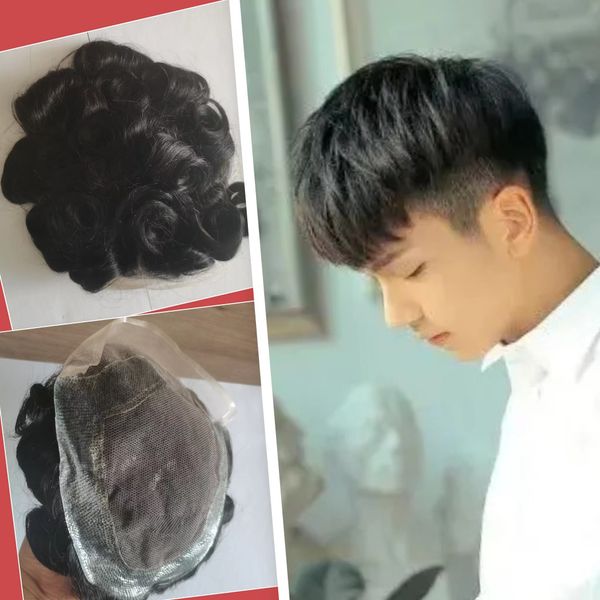 

human hair black color 130% man toupee hand tie toupee