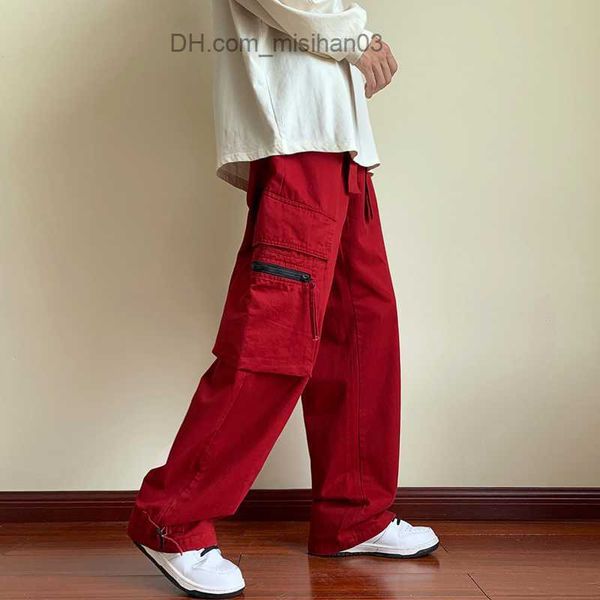 

men's pants red and black cargo pants men's fashion pocket casual pants men's japanese street clothes hip-hop loose straight
