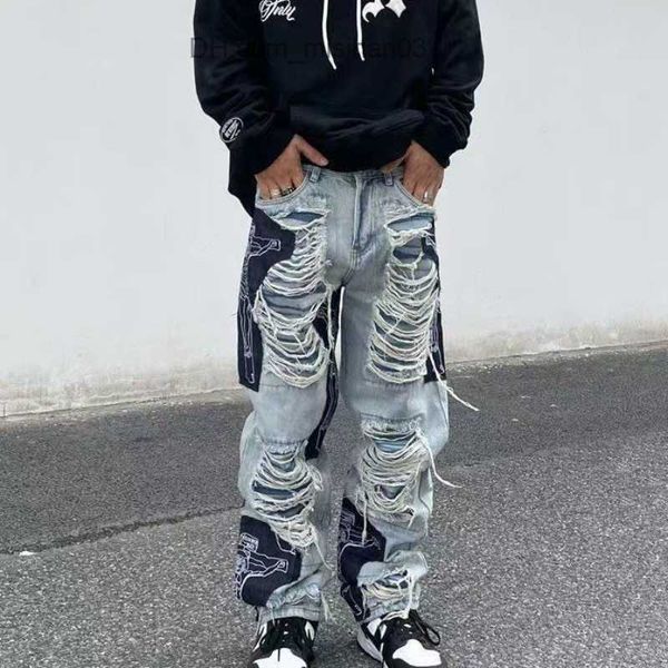 

men's pants y2k men's vintage tear jeans fashion men's cross stitching street clothing straight pocket men's pants z2307, Black