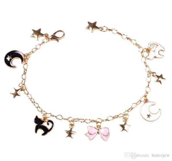 

japenese sailor moon stars moon bracelets cute black cats pink sakura flower charms bracelet for kids women6440879, Golden;silver