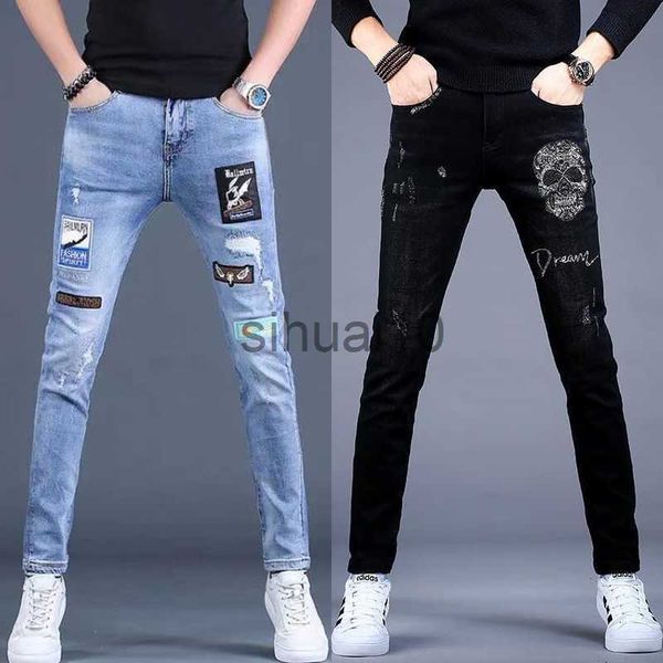 

men's jeans mens ripped denim pants embroidery prints stretch jeans light luxury korea version slim-fit casual jeans pants; j230728, Blue