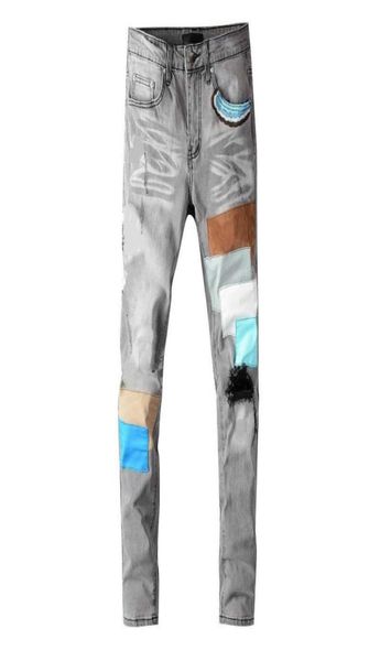 

new arrival mens designer am jeans classic straight patch jeans trousers famous brand zipper marbling slim leg2272311, Blue