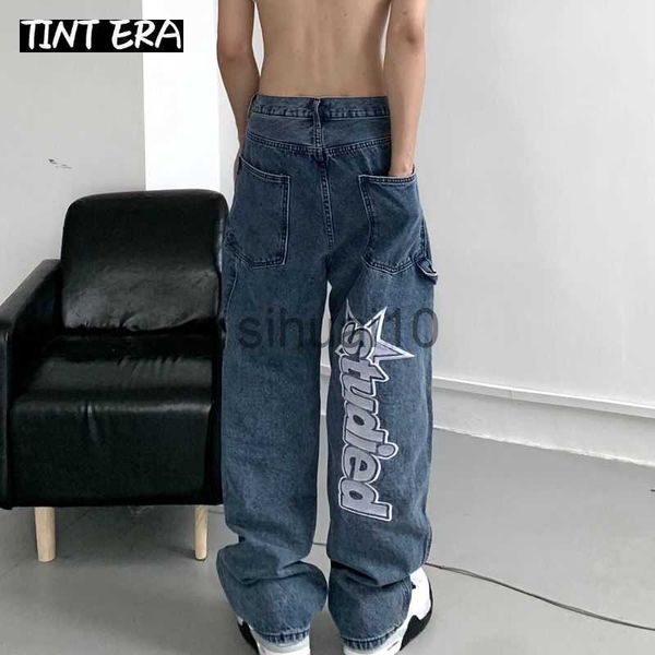 

men's jeans tint ear hiphop letter embroidery y2k denim jeans loose straight pants wide leg trousers for men couples streetwear cargo k, Blue