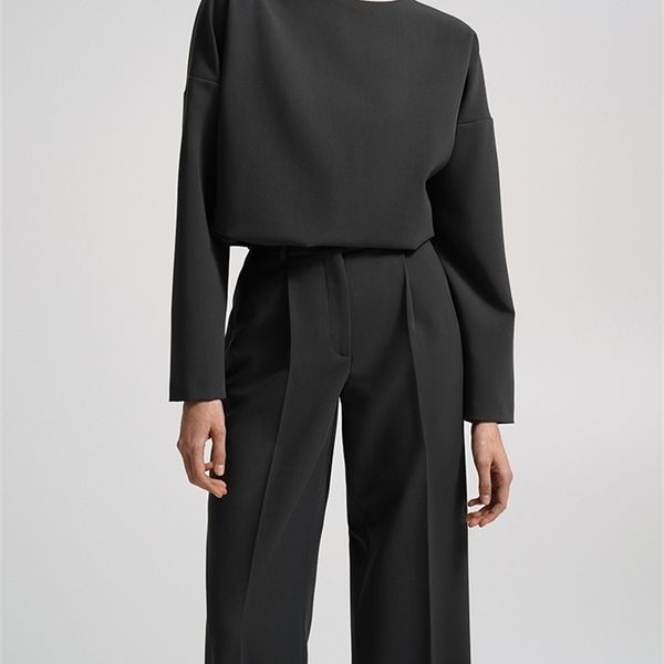 

women's two piece pants ootn black office lady high waist pants sets autumn casual trousers and o neck two piece set women fashion soli, White