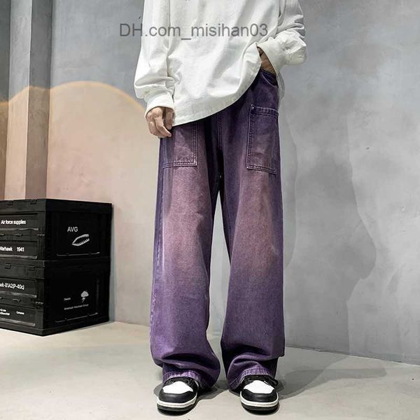 

men's pants men's purple wide jeans ins fashion hip hop denim trousers retro casual trousers street clothing extra large men', Black
